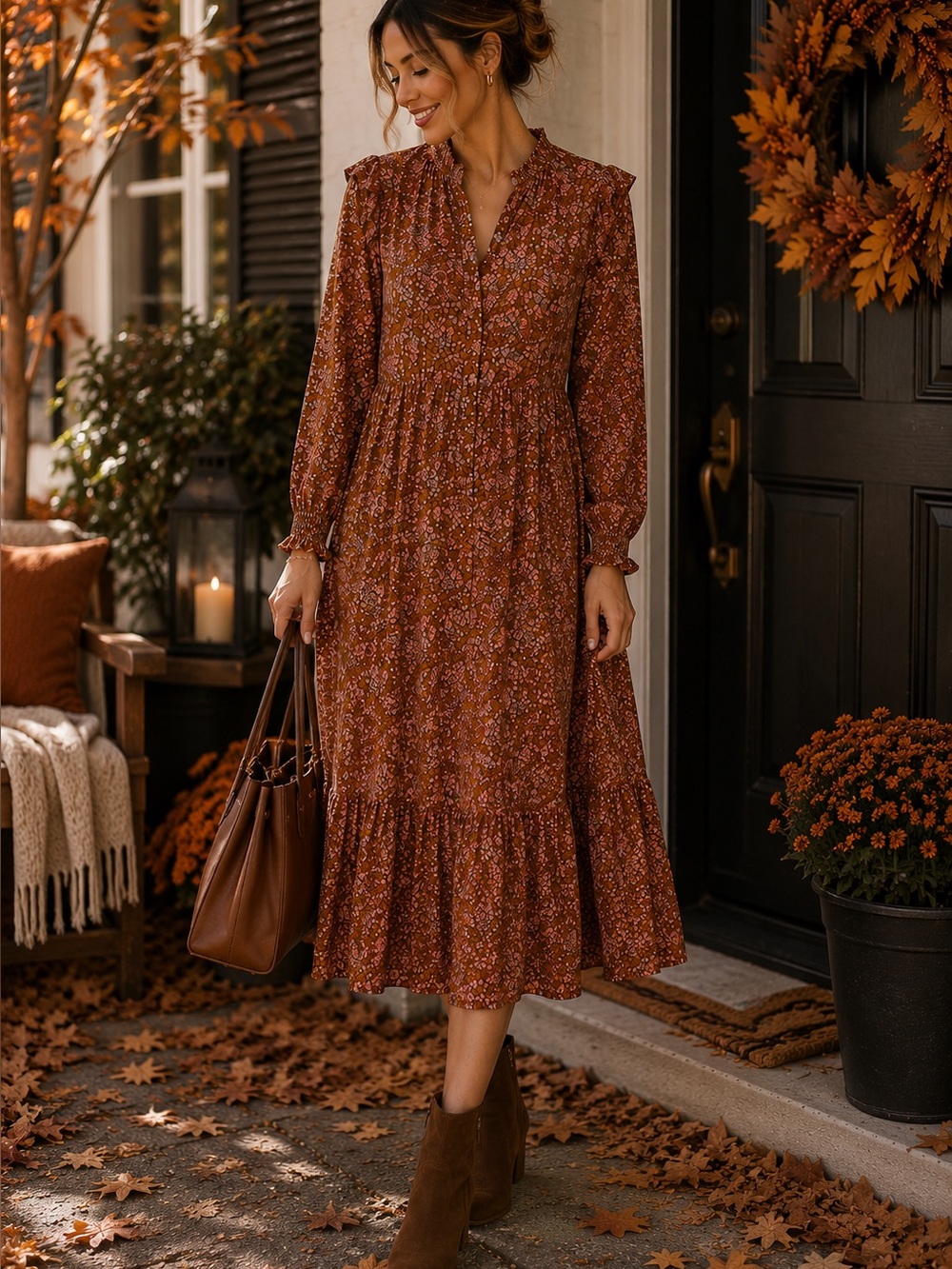 Long Sleeve Rust Floral Tiered Midi Dress - Autumn